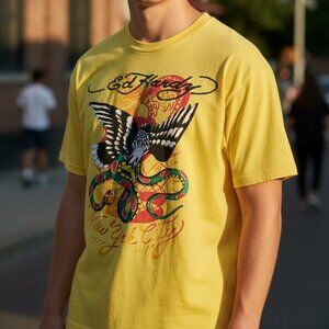 NEW Ed Hardy Eagle Snake Throwback Tee Men’s Size Large Yellow NWT